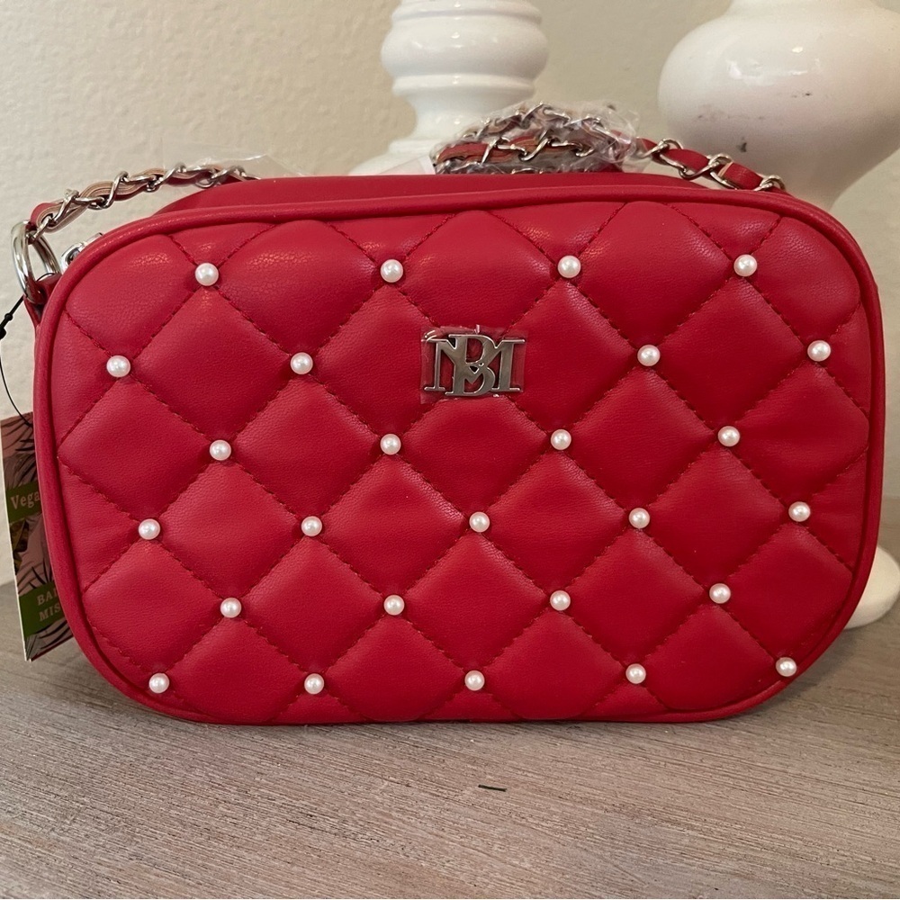 Badgley Mischka Red Quilted Diamond Bag with Pearl Diamond Accents